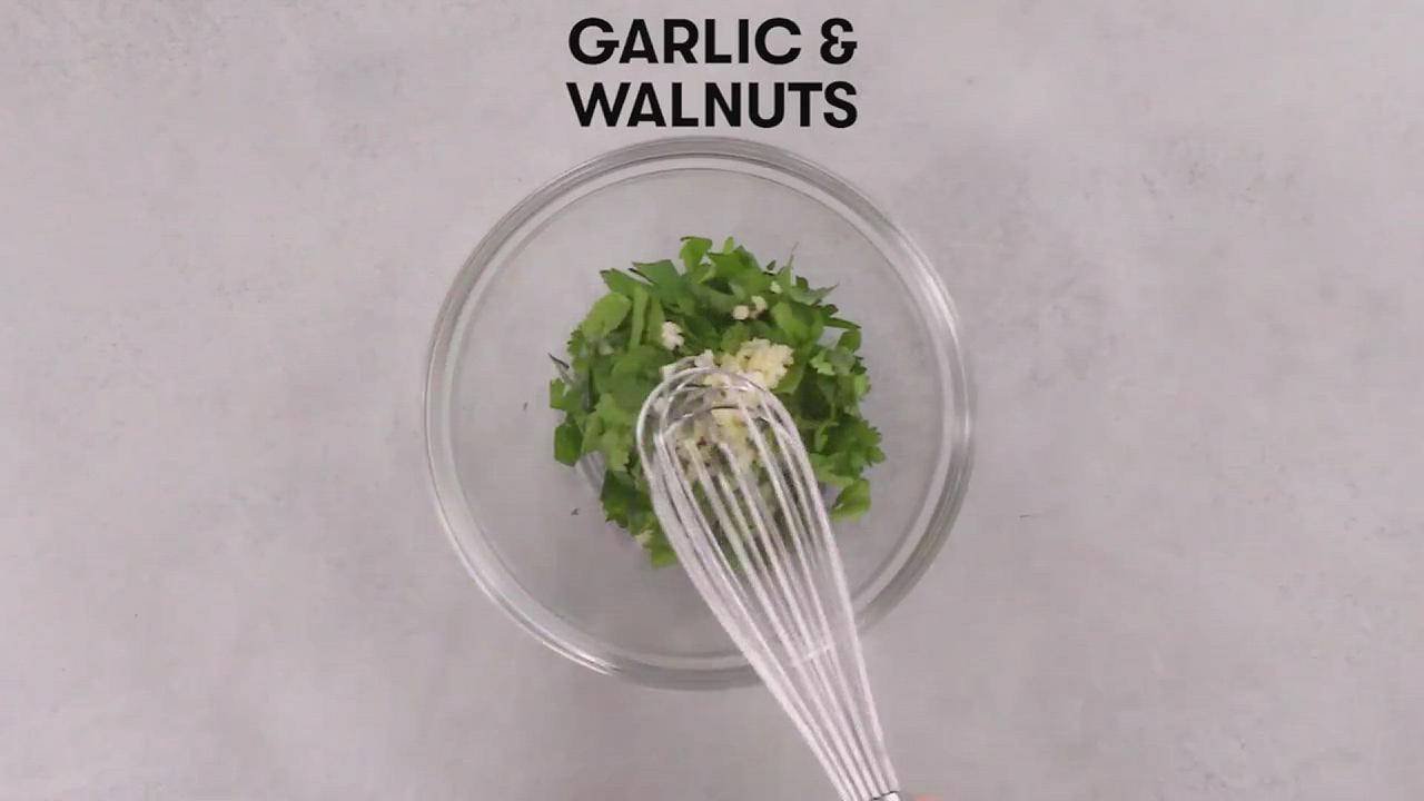 'Video thumbnail for Pan-Seared Shrimp with Walnut and Herb Gremolata'